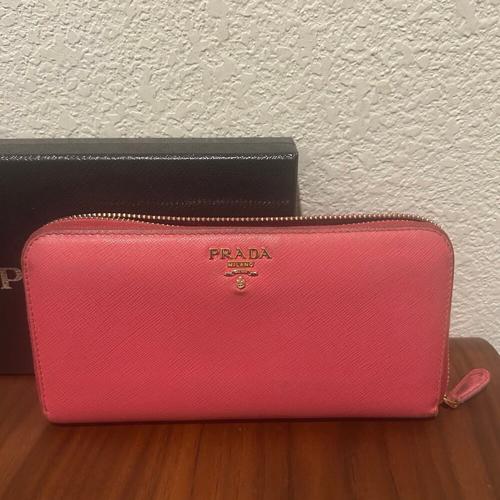 Prada Saffiano Leather Zip Around Long Wallet Pink with Box and COA